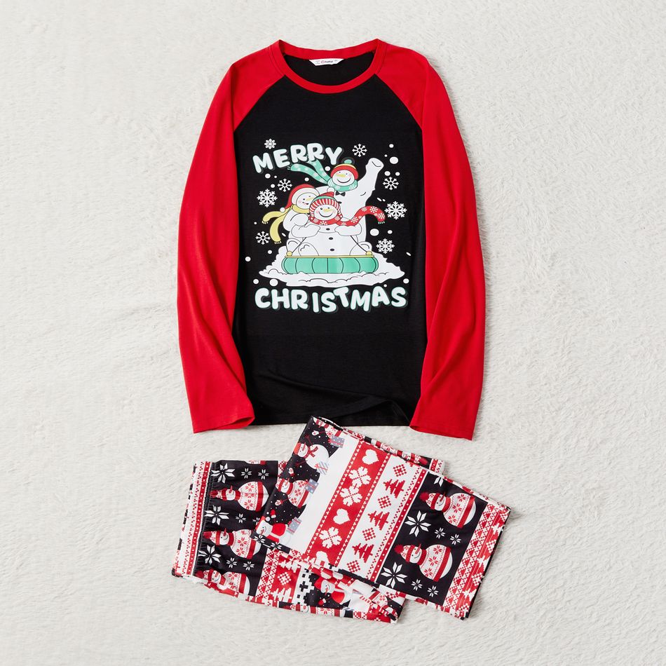Christmas Family Matching Snowman & Letter Print Red Raglan-sleeve Pajamas Sets (Flame Resistant) redblack big image 8