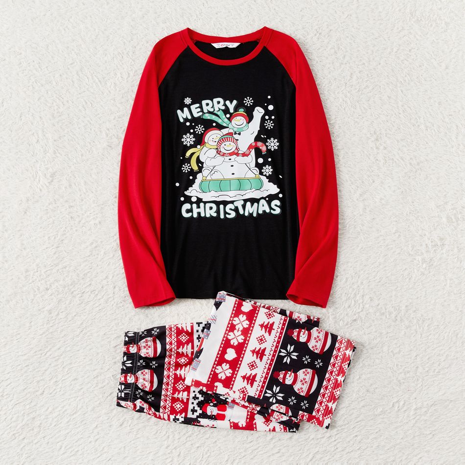 Christmas Family Matching Snowman & Letter Print Red Raglan-sleeve Pajamas Sets (Flame Resistant) redblack big image 2