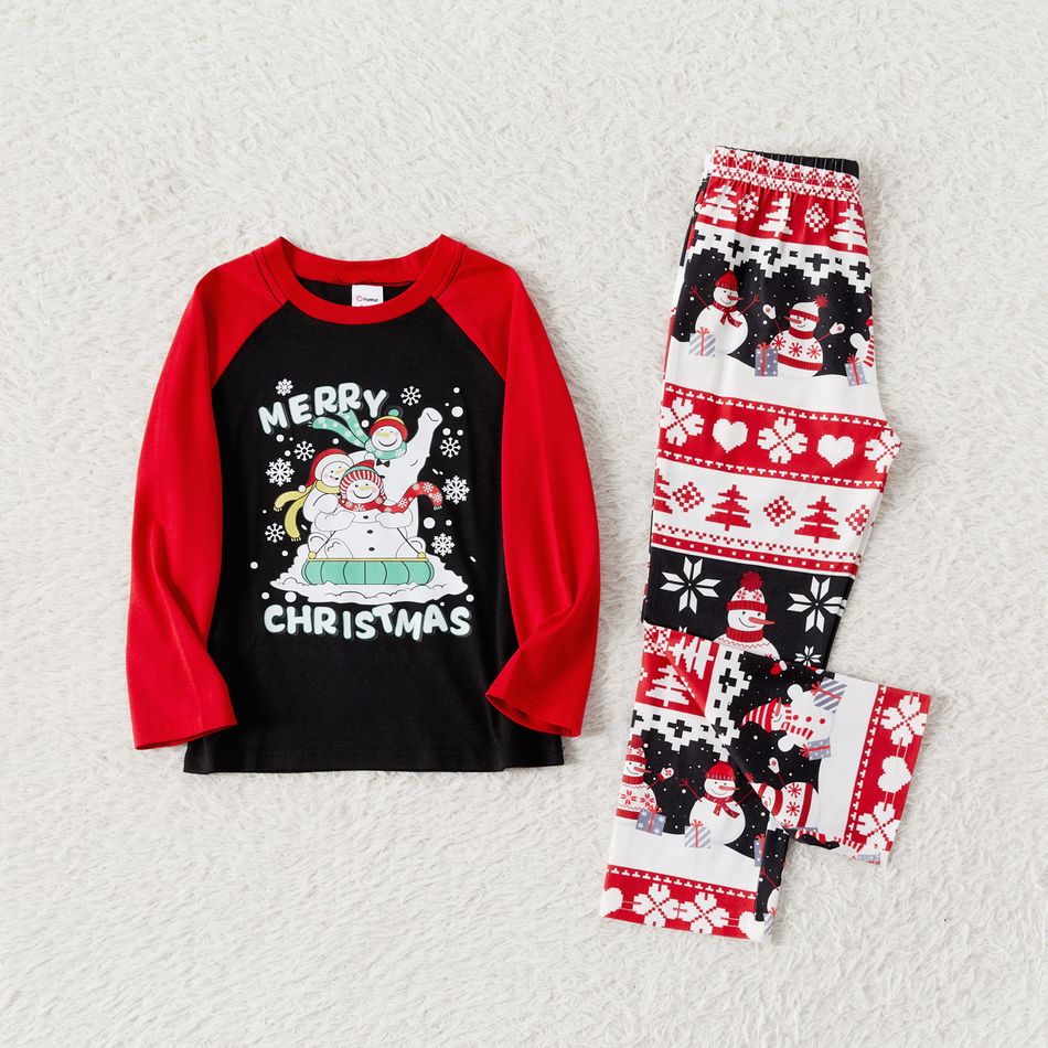 Christmas Family Matching Snowman & Letter Print Red Raglan-sleeve Pajamas Sets (Flame Resistant) redblack big image 9