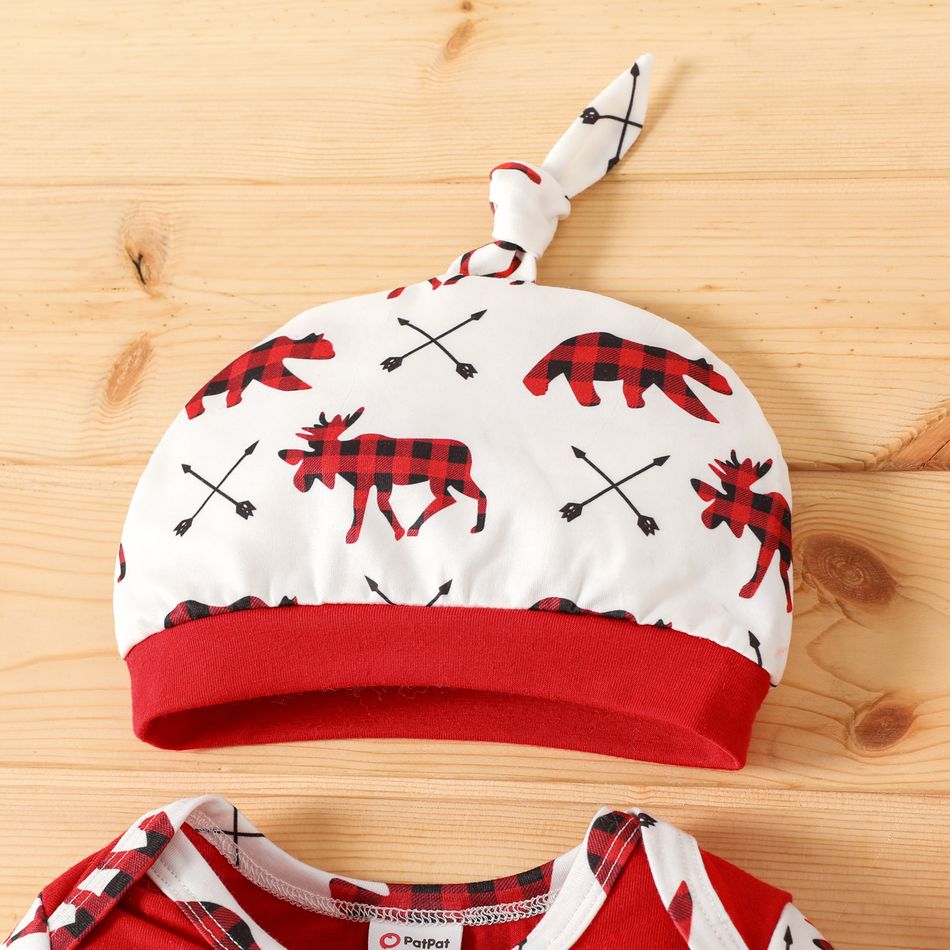 Christmas 2pcs Baby Boy Red Plaid Bear Print Long-sleeve Spliced Letter Graphic Jumpsuit with Hat Set Red big image 3