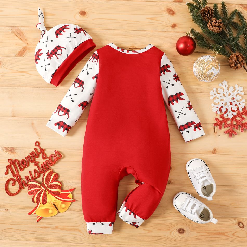 Christmas 2pcs Baby Boy Red Plaid Bear Print Long-sleeve Spliced Letter Graphic Jumpsuit with Hat Set Red big image 2