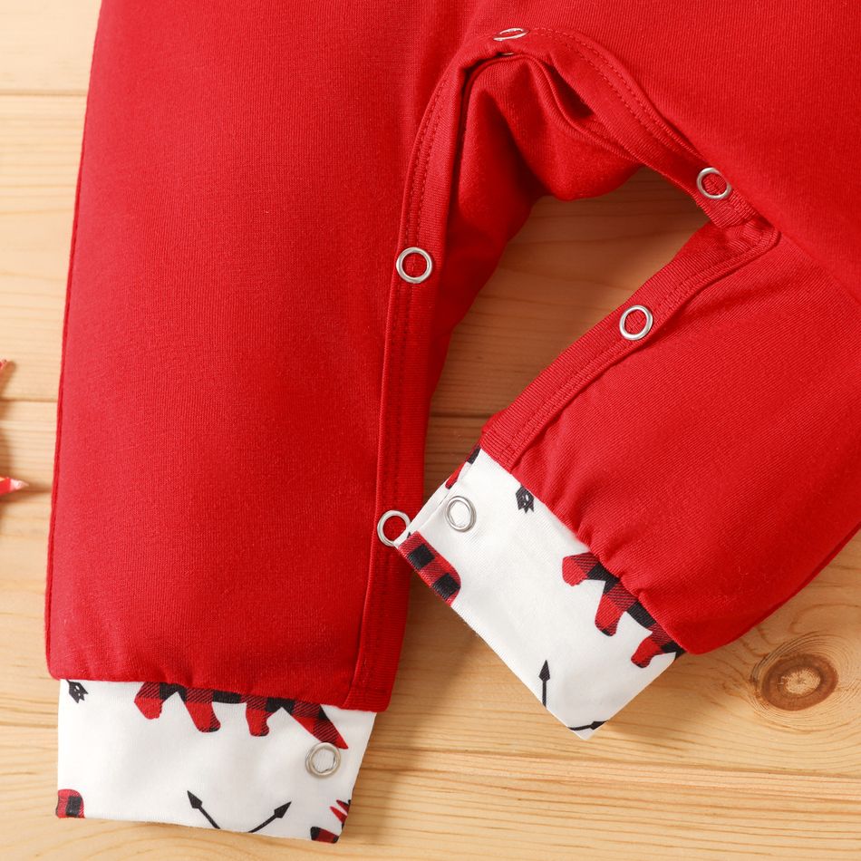 Christmas 2pcs Baby Boy Red Plaid Bear Print Long-sleeve Spliced Letter Graphic Jumpsuit with Hat Set Red big image 5