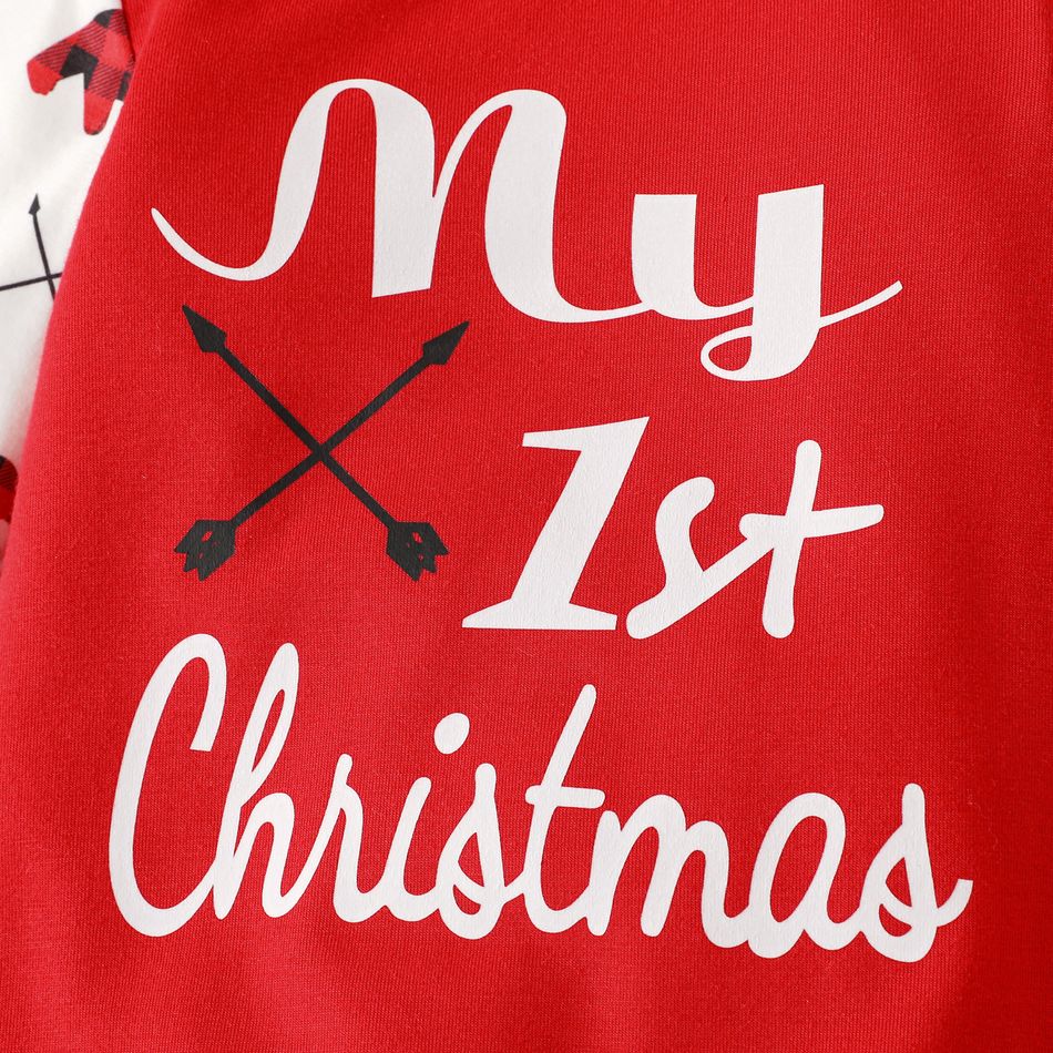 Christmas 2pcs Baby Boy Red Plaid Bear Print Long-sleeve Spliced Letter Graphic Jumpsuit with Hat Set Red big image 4