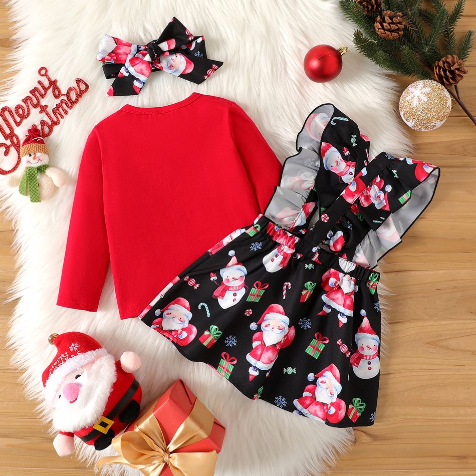 Christmas 3pcs Baby Girl 95% Cotton Long-sleeve Tee and Allover Santa & Snowman Print Ruffle Suspender Skirt with Headband Set Red-2 big image 3