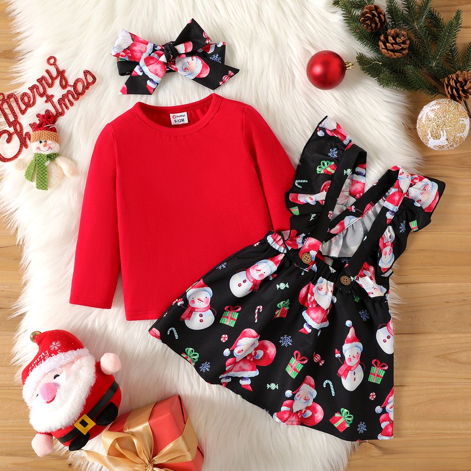 Christmas 3pcs Baby Girl 95% Cotton Long-sleeve Tee and Allover Santa & Snowman Print Ruffle Suspender Skirt with Headband Set Red-2 big image 2