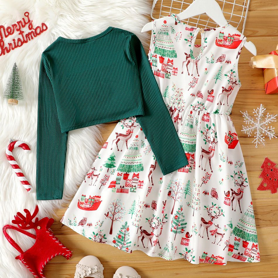 2pcs Kid Girl Christmas Graphic Sleeveless Dress and Green Cardigan Set Green big image 3