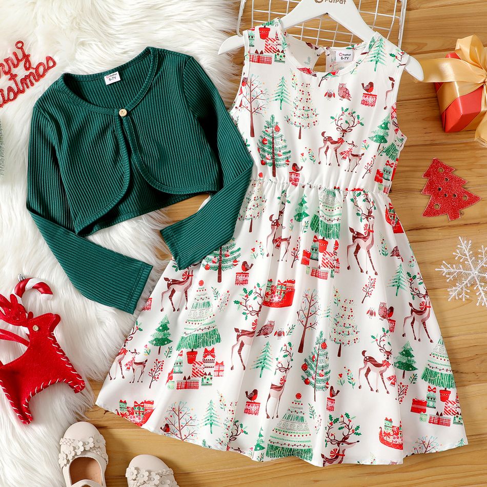 2pcs Kid Girl Christmas Graphic Sleeveless Dress and Green Cardigan Set Green big image 1