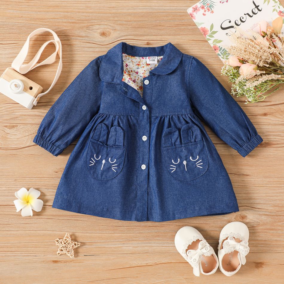 Baby Girl Floral Print Lined Denim Long-sleeve Button Dress Blue