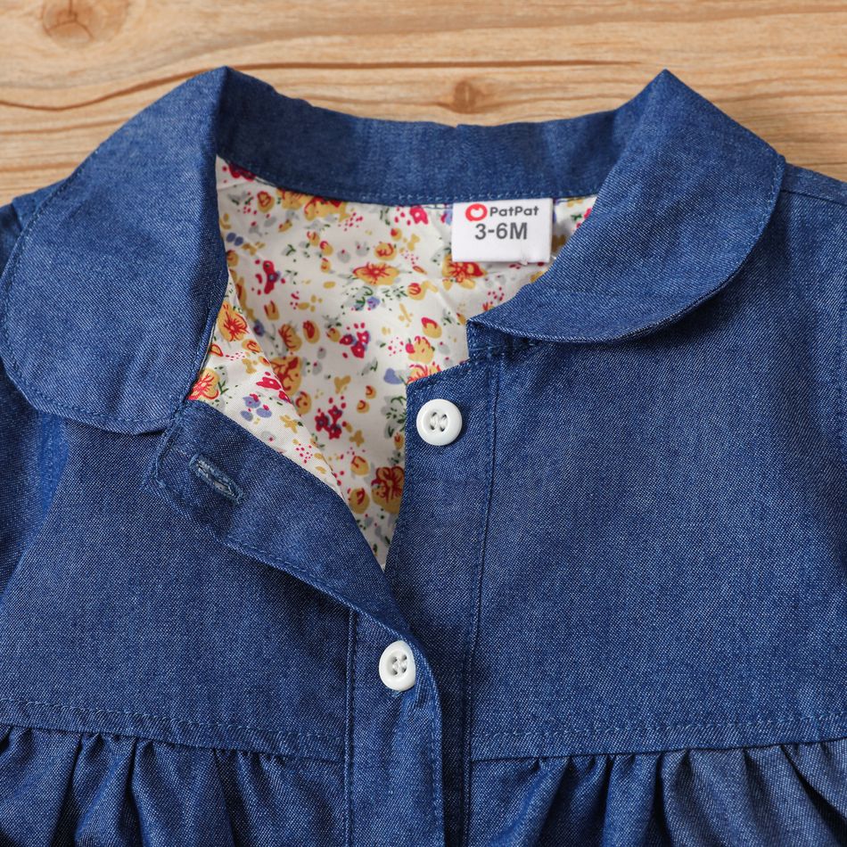 Baby Girl Floral Print Lined Denim Long-sleeve Button Dress Blue big image 3