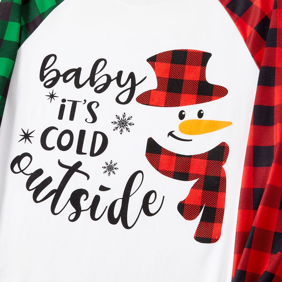 Christmas Family Matching Snowman & Letter Print Green and Red Plaid Raglan-sleeve Pajamas Sets (Flame Resistant) redblack big image 17