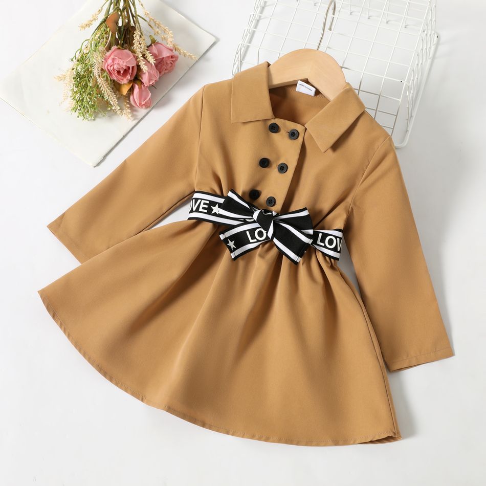 Toddler Girl Lapel Collar Button Design Belted Long-sleeve Khaki Dress Khaki big image 1