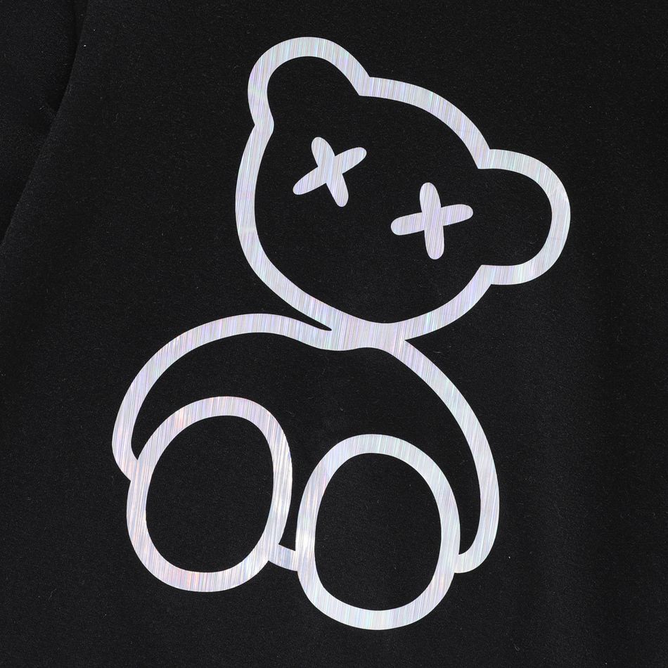 Kid Boy Laser Reflective Bear Print Black Pullover Sweatshirt Black