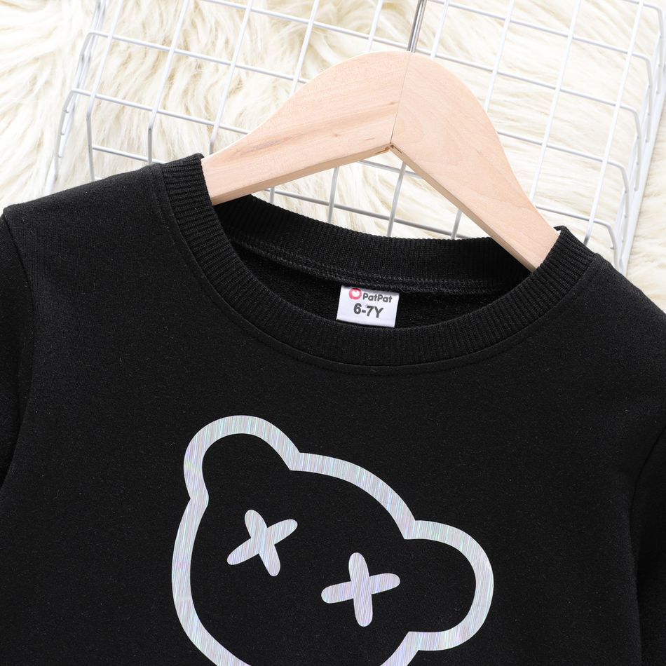 Kid Boy Laser Reflective Bear Print Black Pullover Sweatshirt Black big image 4