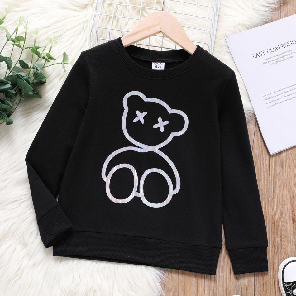 Kid Boy Laser Reflective Bear Print Black Pullover Sweatshirt Black big image 2
