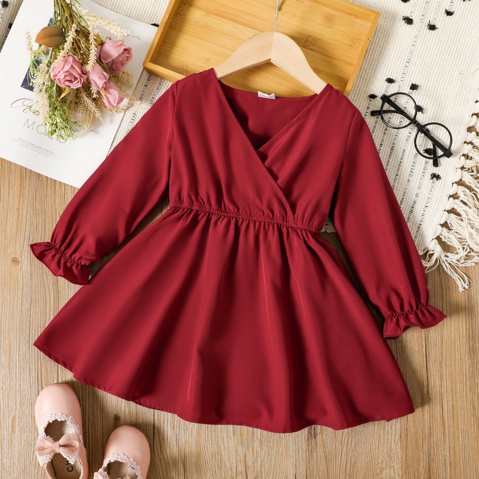 Toddler Girl Surplice Neck Ruffled Long-sleeve Burgundy Dress Burgundy big image 1