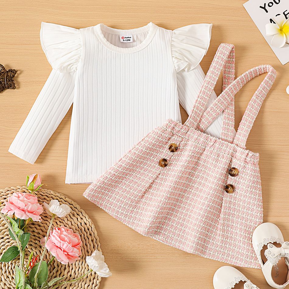 2pcs Baby Girl Solid Rib Knit Ruffle Long-sleeve Top and Button Front Tweed Suspender Skirt Set PinkyWhite big image 2