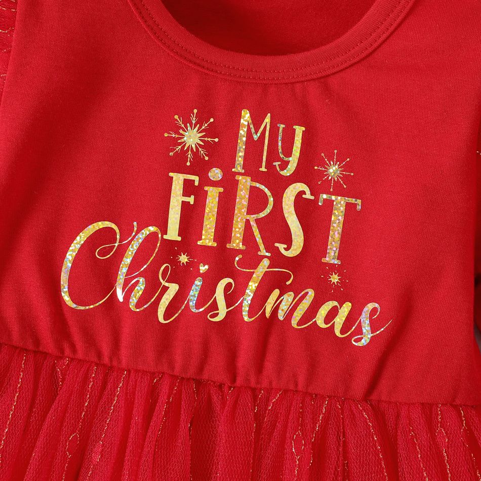 Christmas Baby Girl Letter Print Red Long-sleeve Mesh Dress Red big image 4