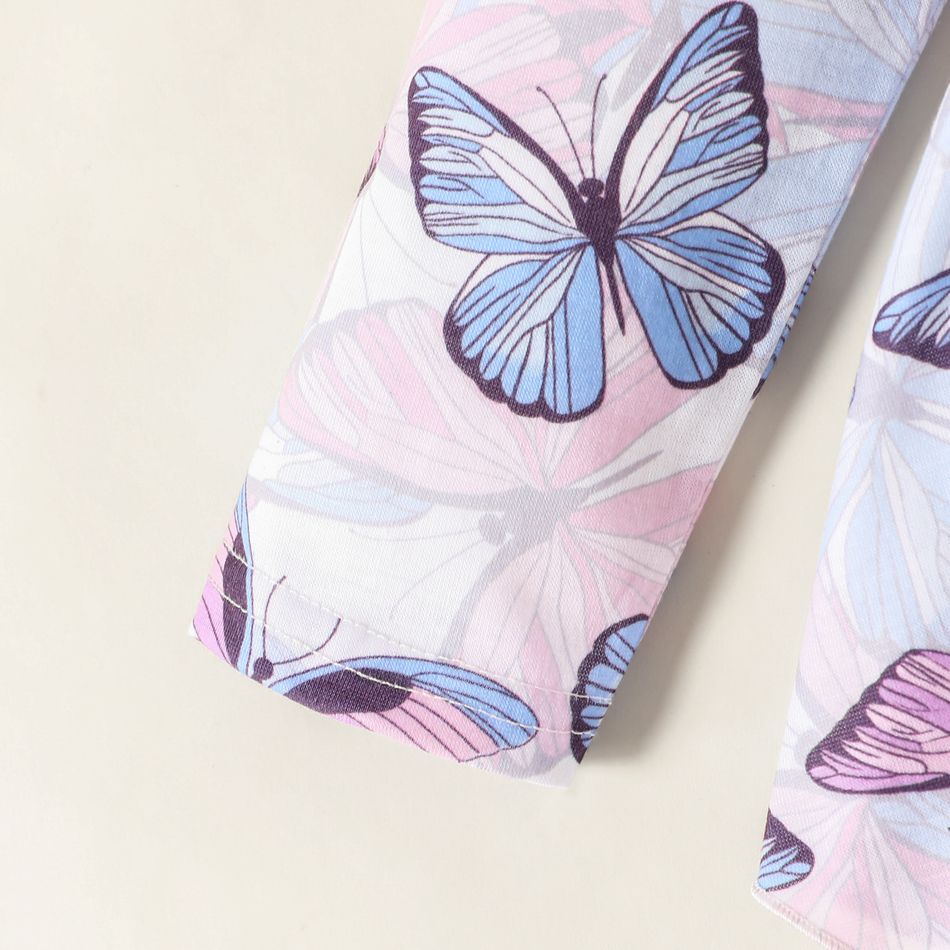 2pcs Baby Girl Allover Butterfly Print Ruffle Long-sleeve Asymmetric Hem Top and Ribbed Leggings Set Purple big image 4