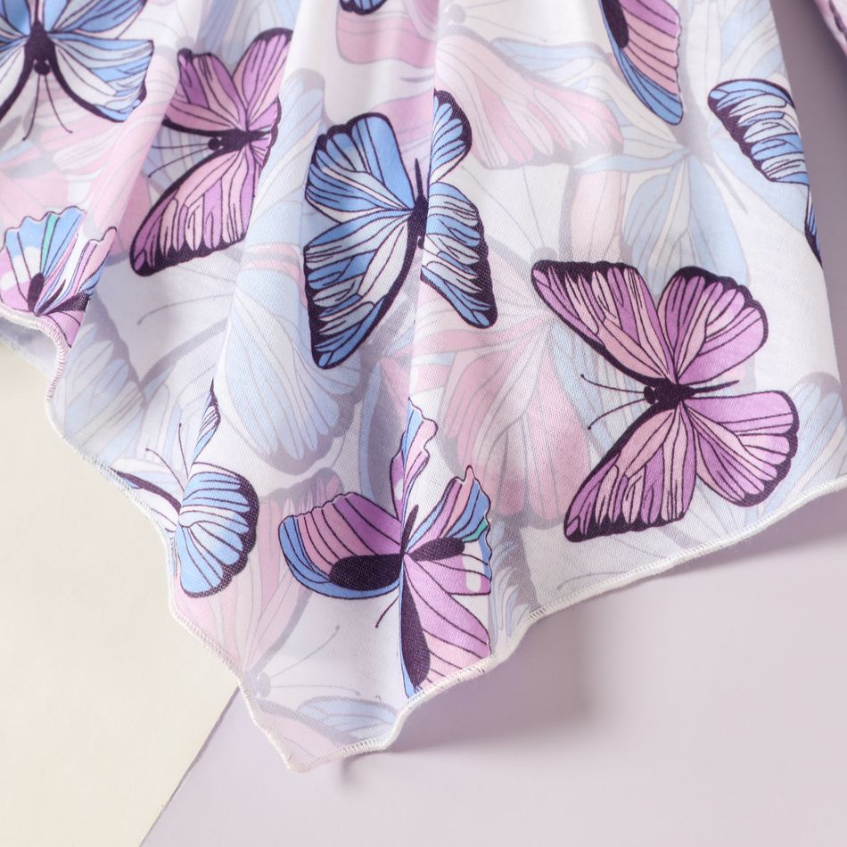 2pcs Baby Girl Allover Butterfly Print Ruffle Long-sleeve Asymmetric Hem Top and Ribbed Leggings Set Purple big image 5