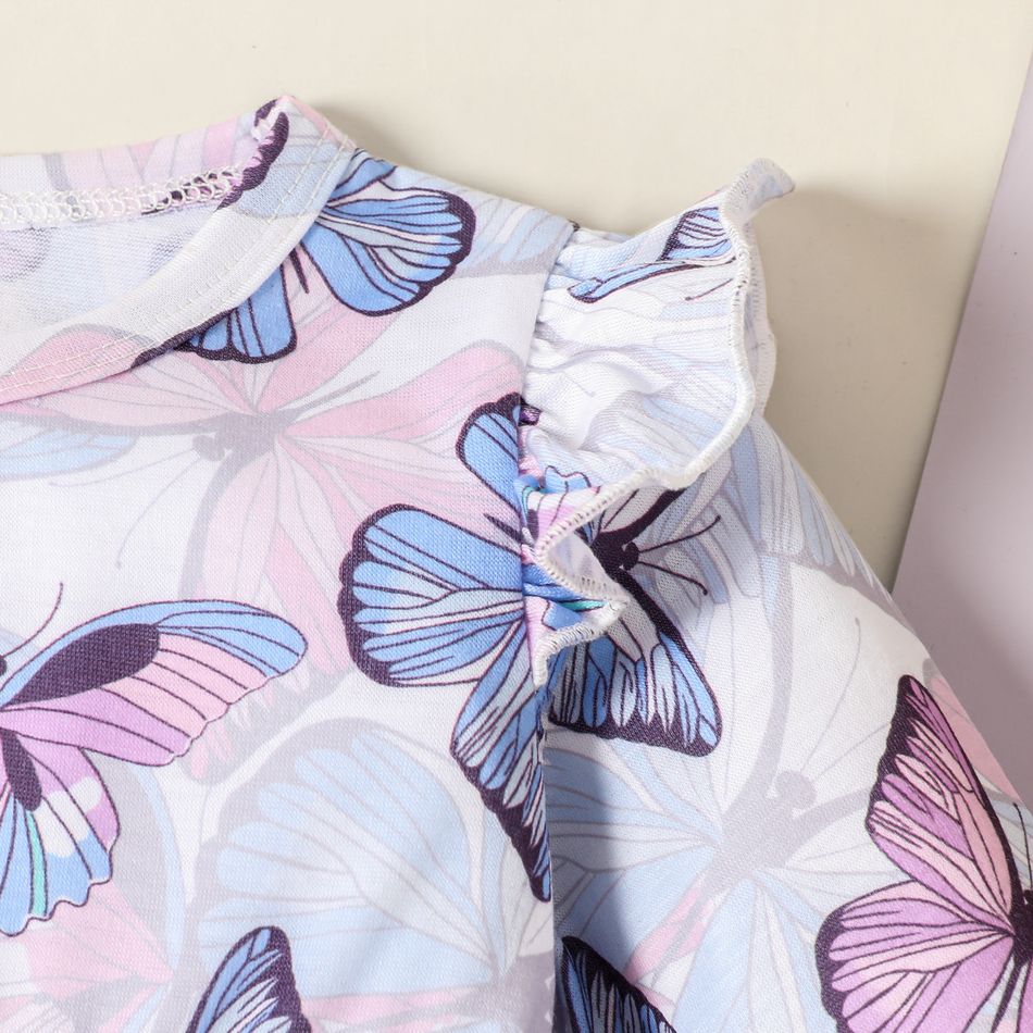 2pcs Baby Girl Allover Butterfly Print Ruffle Long-sleeve Asymmetric Hem Top and Ribbed Leggings Set Purple big image 3