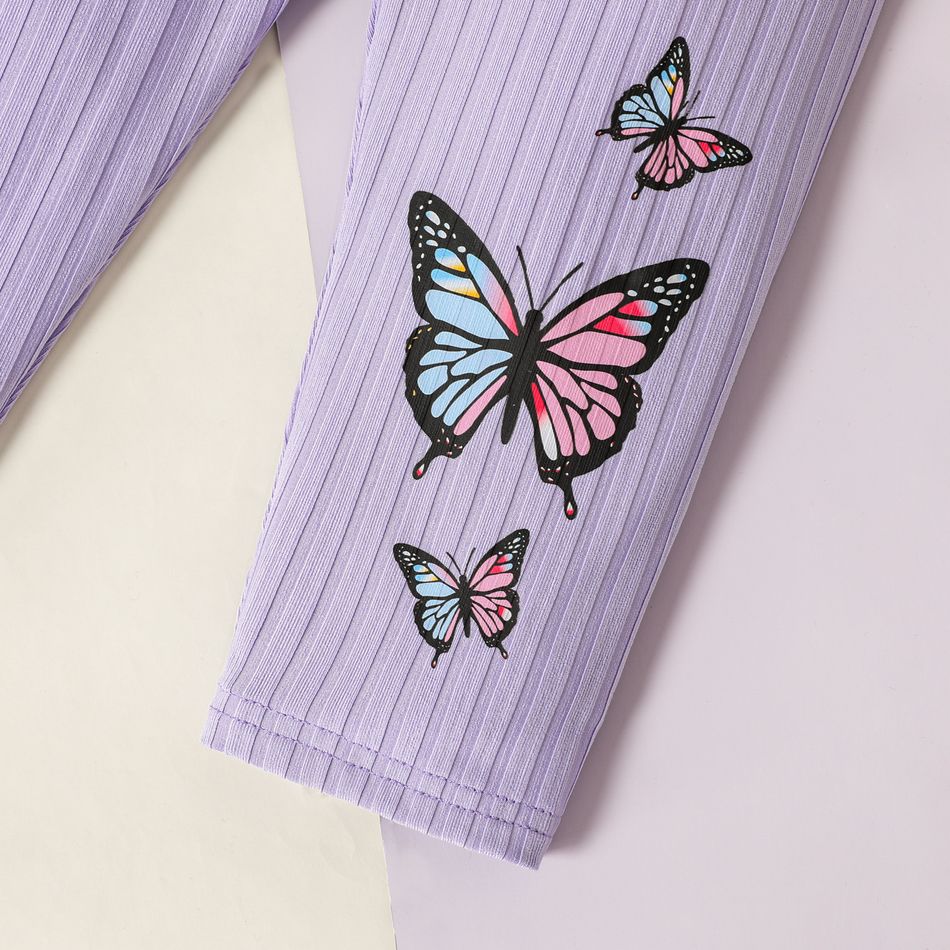 2pcs Baby Girl Allover Butterfly Print Ruffle Long-sleeve Asymmetric Hem Top and Ribbed Leggings Set Purple