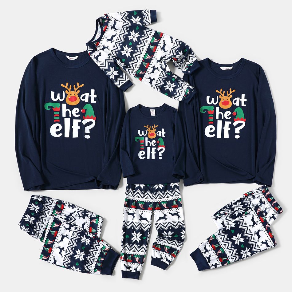 Christmas Family Matching Dark Blue Graphic Long-sleeve Pajamas Sets (Flame Resistant) blueblack big image 1