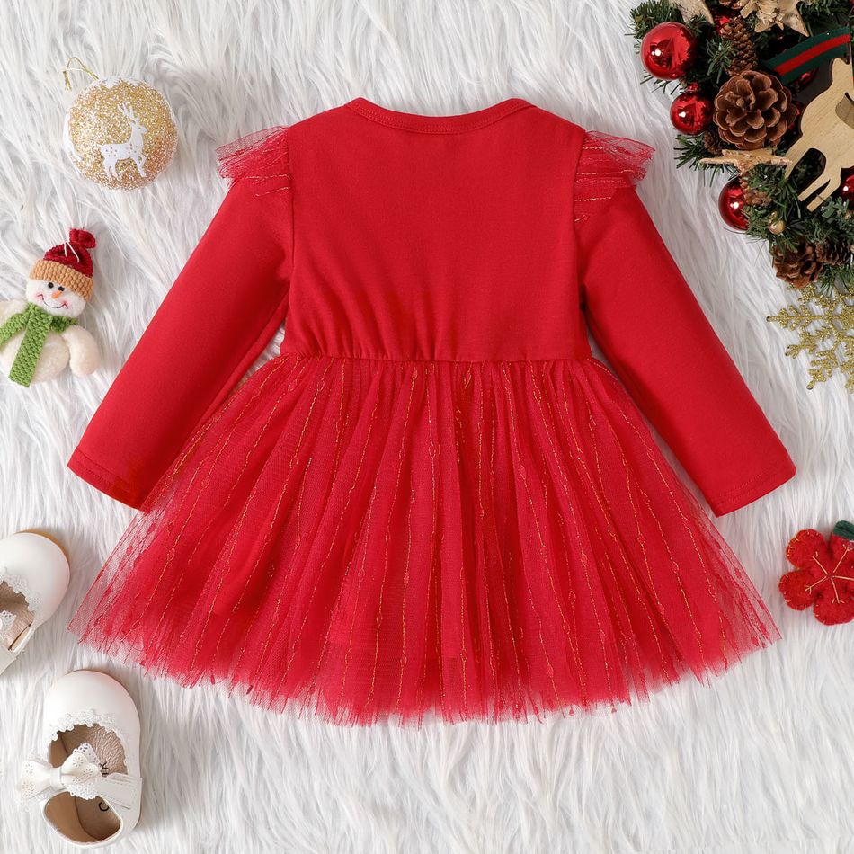 Christmas Baby Girl Letter Print Red Long-sleeve Mesh Dress Red big image 2