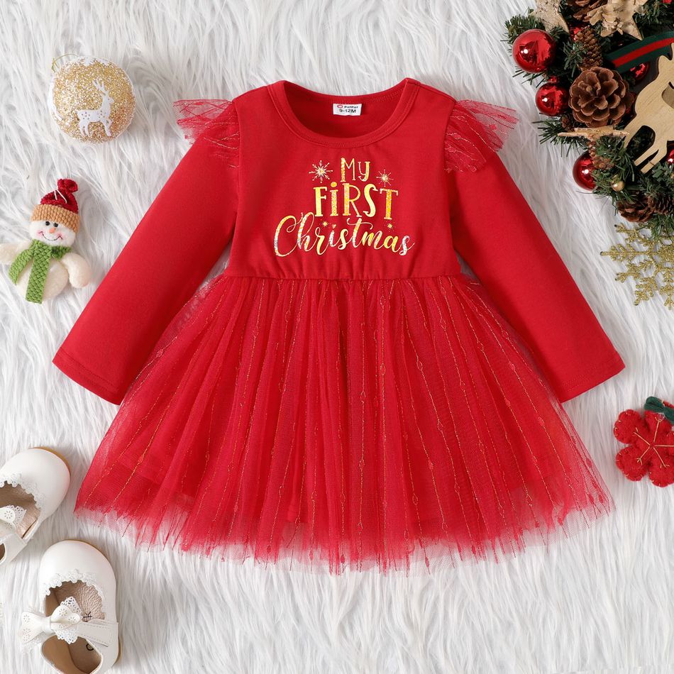 Christmas Baby Girl Letter Print Red Long-sleeve Mesh Dress Red