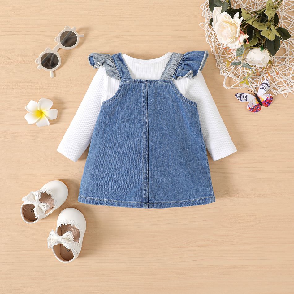 2pcs Baby Girl Dragonfly Embroidered Ruffle Trim Colorblock Denim Overall Dress and Long-sleeve Rib Knit Romper Set Blue big image 3