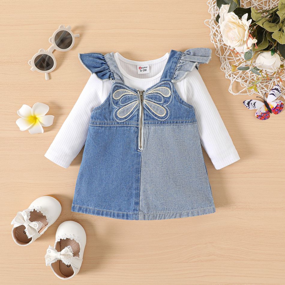2pcs Baby Girl Dragonfly Embroidered Ruffle Trim Colorblock Denim Overall Dress and Long-sleeve Rib Knit Romper Set Blue big image 1