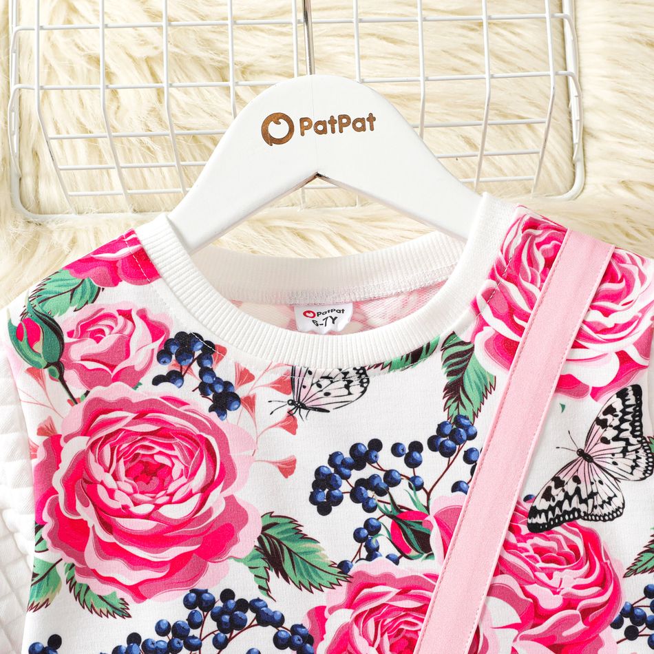 2pcs Kid Girl Floral Print Bag Design Sweatshirt and Pink Leggings Set PinkyWhite big image 3