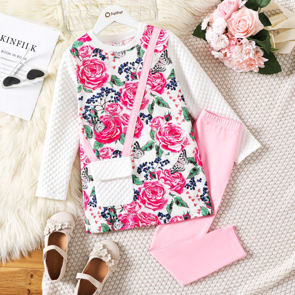 2pcs Kid Girl Floral Print Bag Design Sweatshirt and Pink Leggings Set PinkyWhite