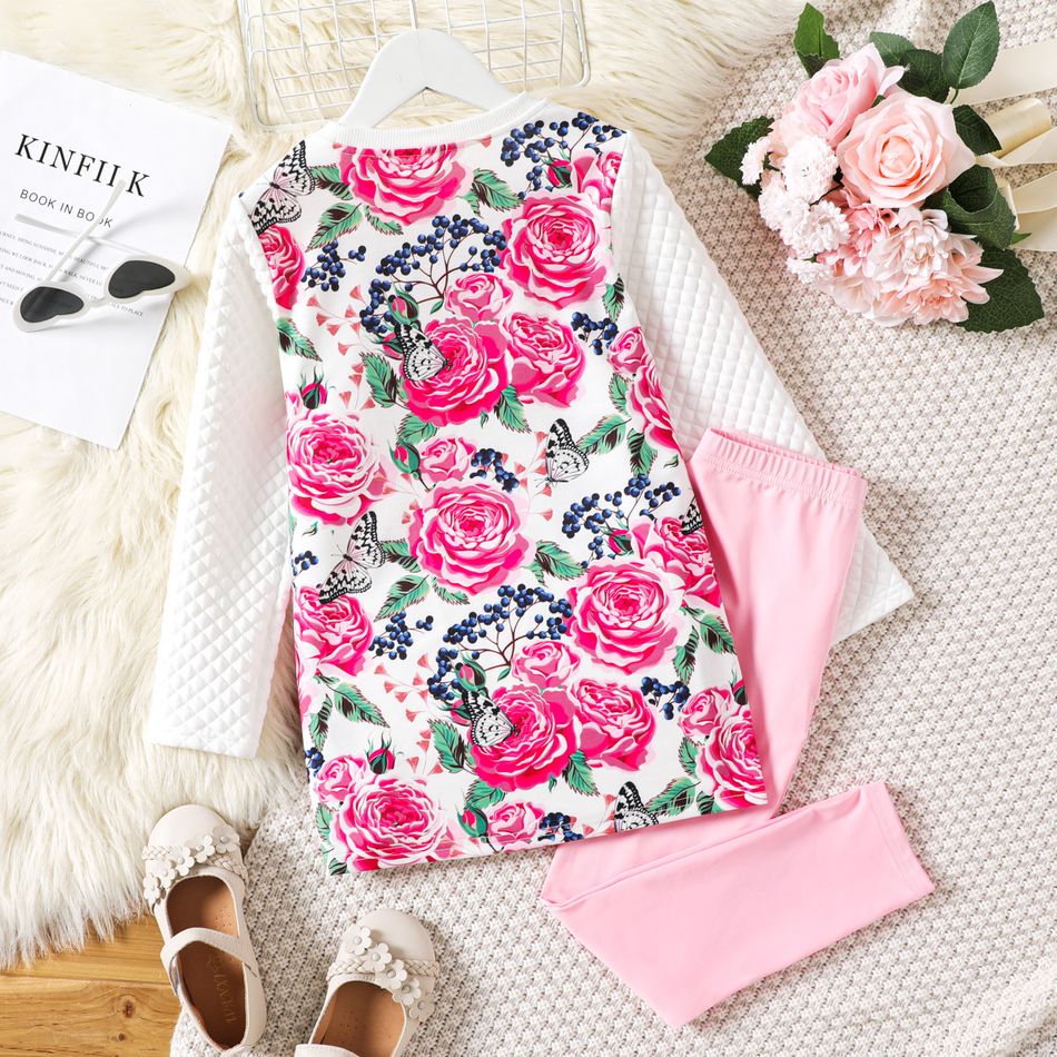 2pcs Kid Girl Floral Print Bag Design Sweatshirt and Pink Leggings Set PinkyWhite