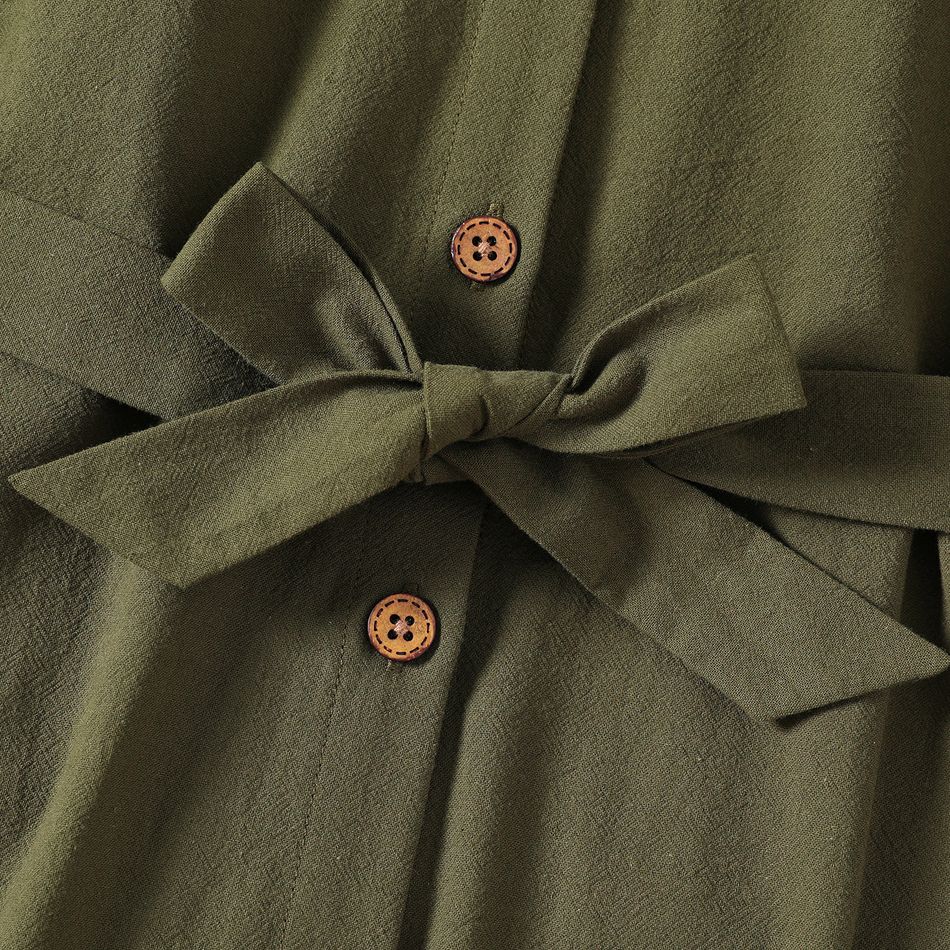 Kid Girl 100% Cotton Lapel Collar Button Design Belted Army Green Dress Army green big image 3