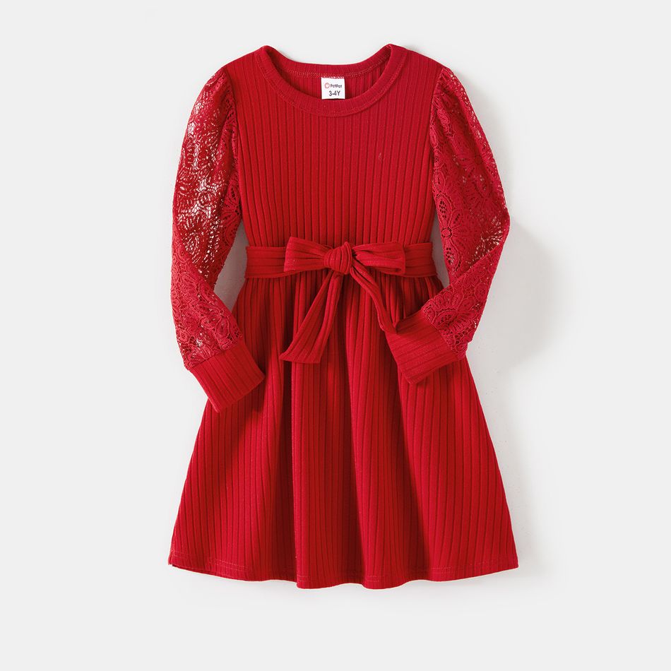 Family Matching Red Lace Long-sleeve Spliced Rib Knit Belted Dresses and Plaid Shirts Sets Red big image 6