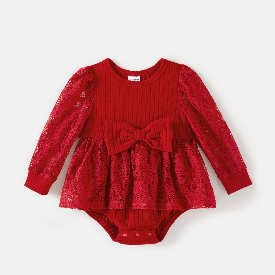 Family Matching Red Lace Long-sleeve Spliced Rib Knit Belted Dresses and Plaid Shirts Sets Red big image 10