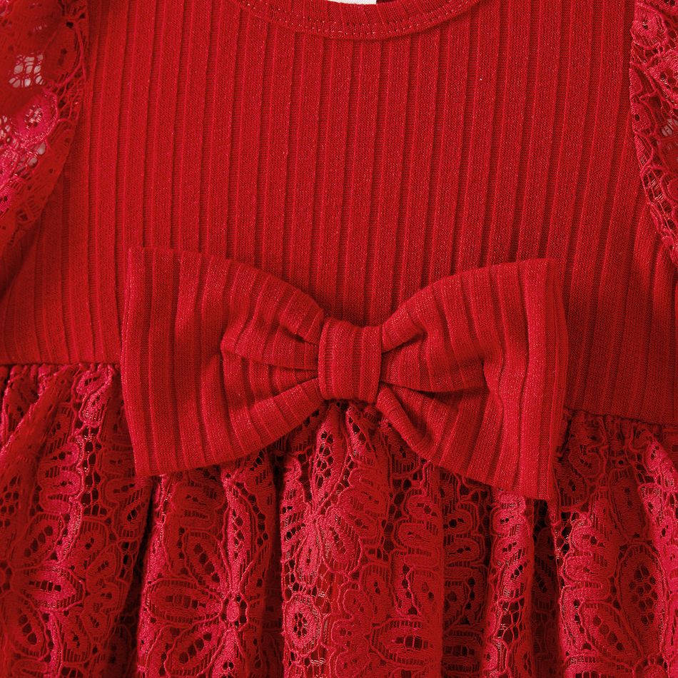 Family Matching Red Lace Long-sleeve Spliced Rib Knit Belted Dresses and Plaid Shirts Sets Red big image 11