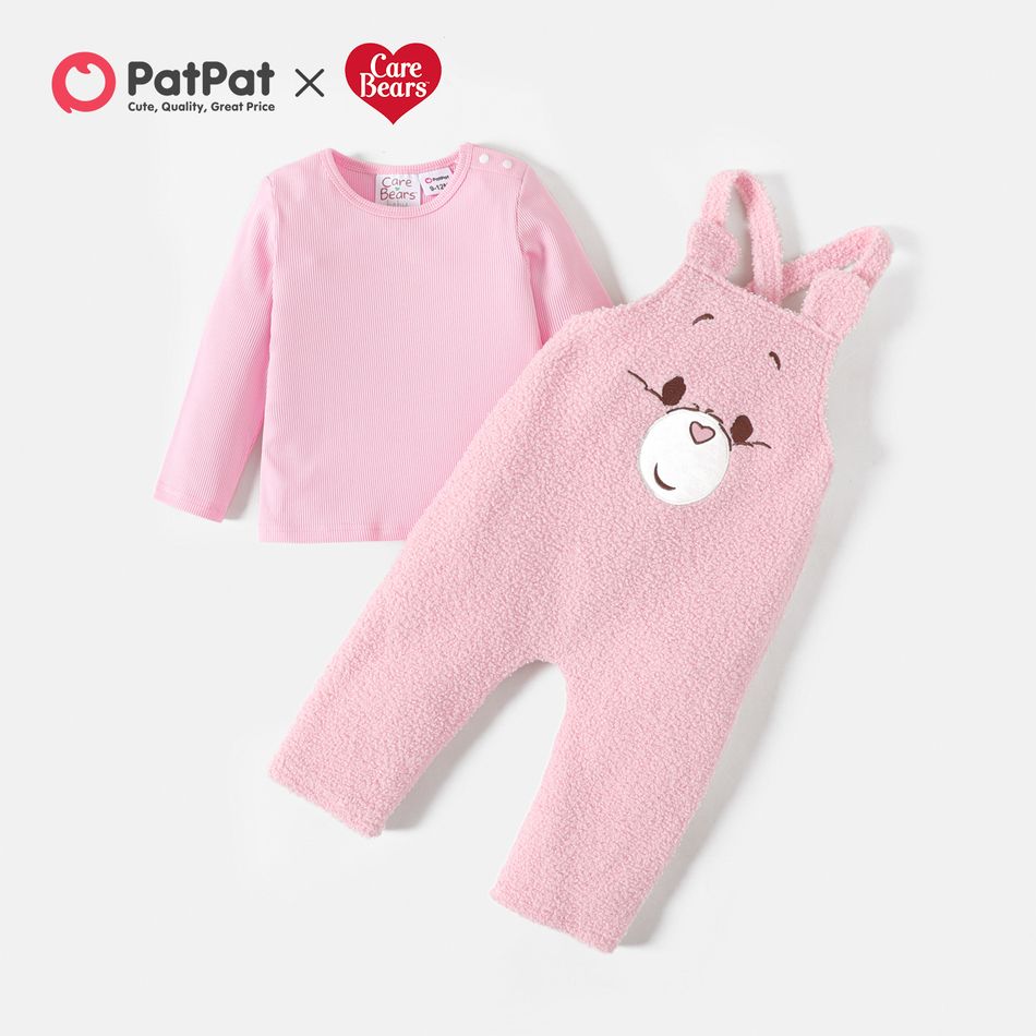 Care Bears 2pcs Baby Girl Long-sleeve Solid Tee and Bear Embroidered Fuzzy Overalls Set Light Pink big image 3