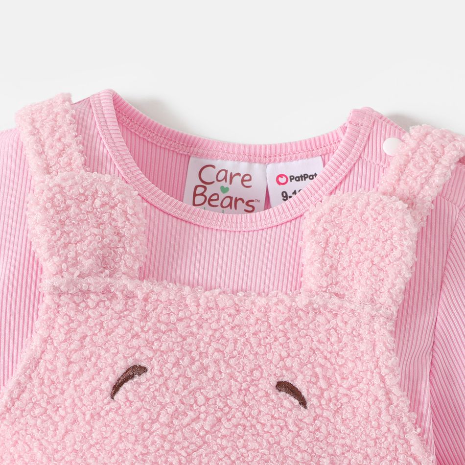 Care Bears 2pcs Baby Girl Long-sleeve Solid Tee and Bear Embroidered Fuzzy Overalls Set Light Pink big image 4