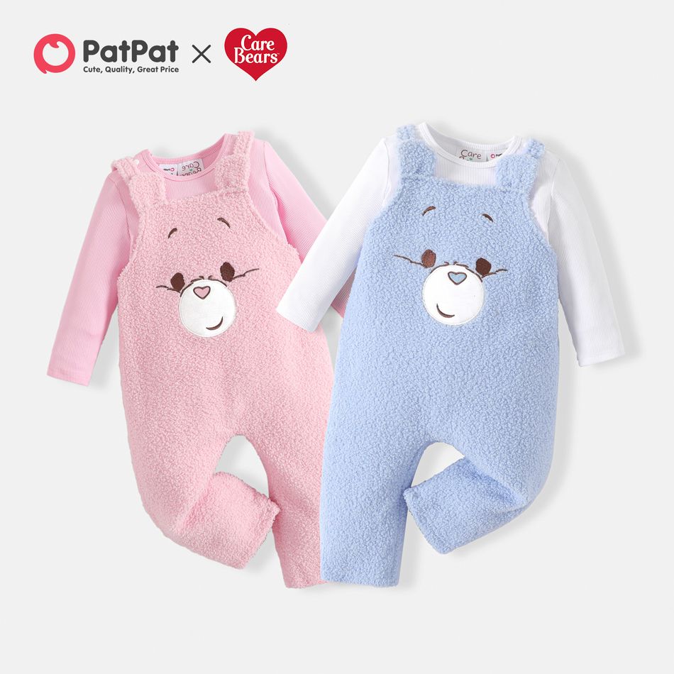 Care Bears 2pcs Baby Girl Long-sleeve Solid Tee and Bear Embroidered Fuzzy Overalls Set Light Pink big image 2
