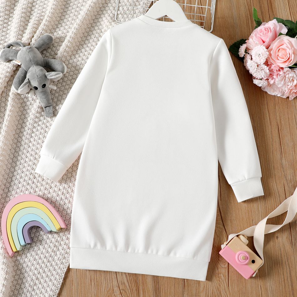 Kid Girl 3D Bowknot Design Floral Elegant Print Fleece Lined Sweatshirt Dress White big image 5