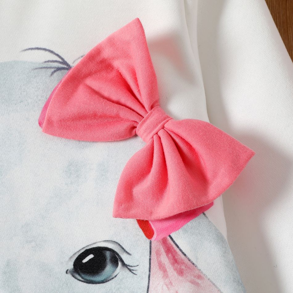Kid Girl 3D Bowknot Design Floral Elegant Print Fleece Lined Sweatshirt Dress White big image 3
