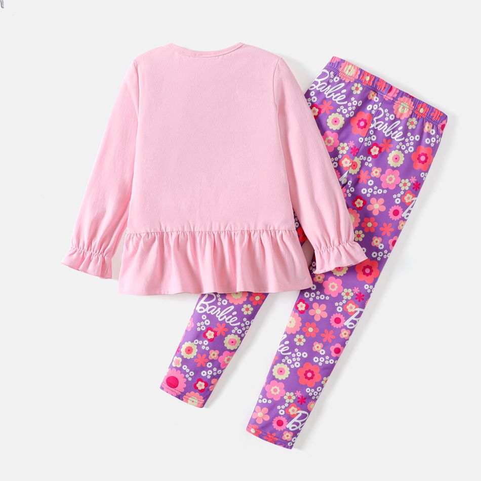 Barbie 2pcs Kid Girl Floral Letter Print Long-sleeve Cotton Pink Tee and Leggings Set pinkpurple big image 2