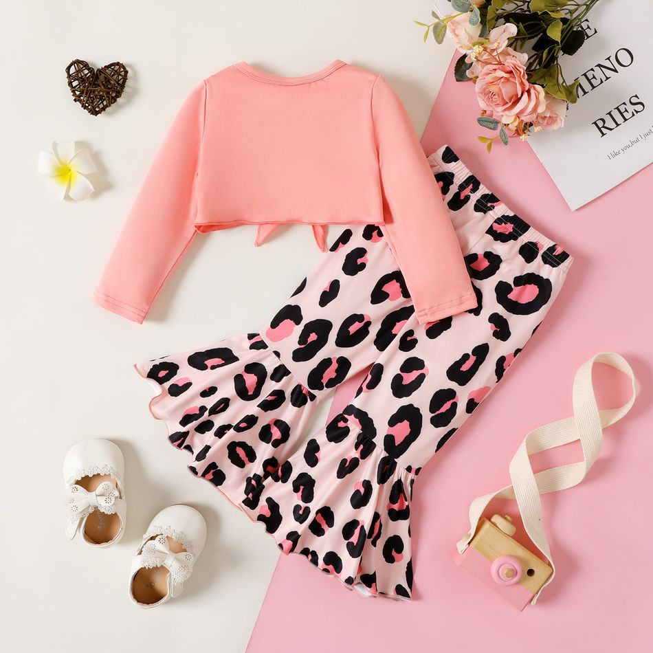 2pcs Baby Girl Letter Print Pink Long-sleeve Knot Crop Top and Leopard Flared Pants Set Pink big image 2