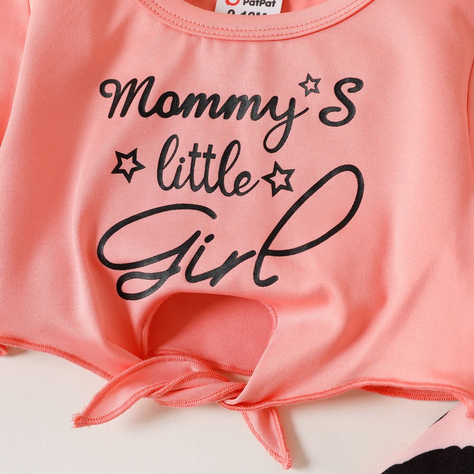 2pcs Baby Girl Letter Print Pink Long-sleeve Knot Crop Top and Leopard Flared Pants Set Pink big image 3