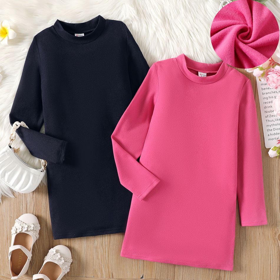 Kid Girl Solid Color Stand Collar Long-sleeve Knit Dress Roseo big image 2