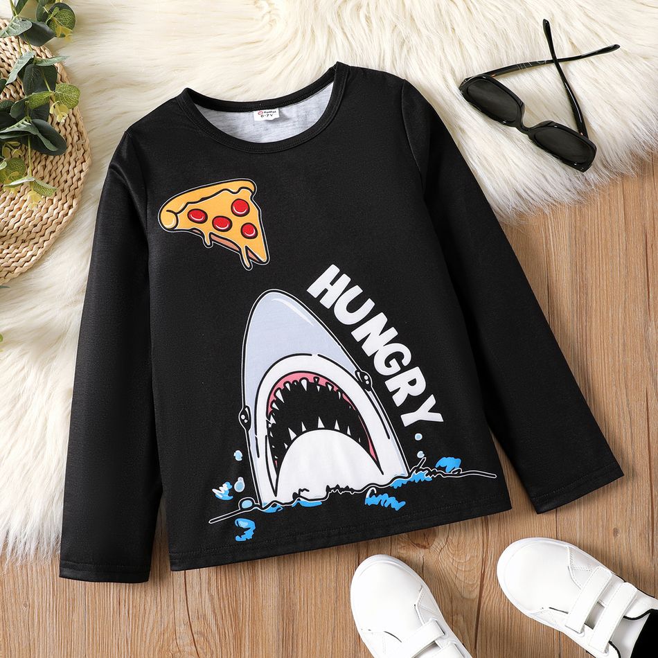 Kid Boy Shark Print Long-sleeve Black Tee Black big image 1