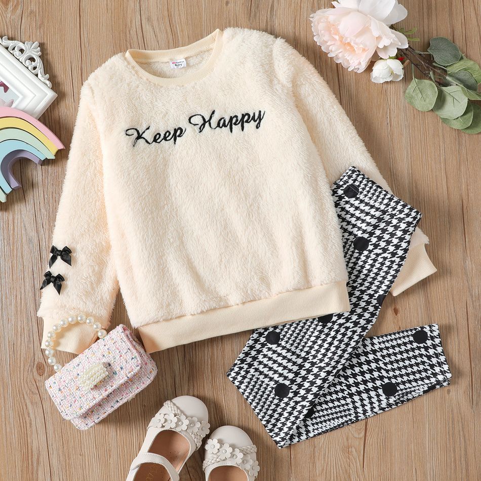 2pcs Kid Girl 3D Bowknot Letter Embroidered Fleece Sweatshirt and Houndstooth Leggings Set OffWhite big image 1
