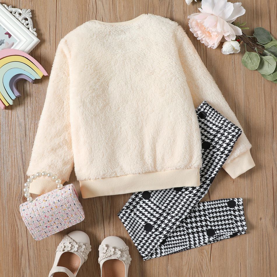 2pcs Kid Girl 3D Bowknot Letter Embroidered Fleece Sweatshirt and Houndstooth Leggings Set OffWhite big image 2