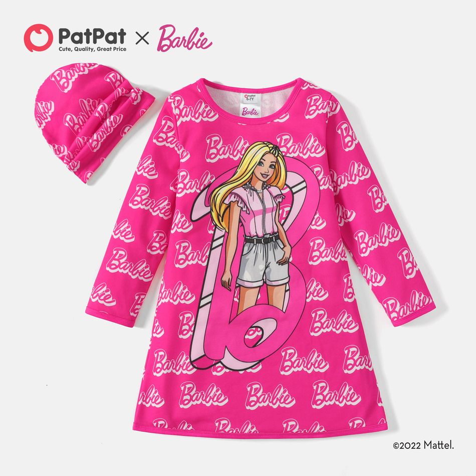 Barbie 2pcs Kid Girl Letter Allover Print Long-sleeve Dress and Cap Set Pink big image 2